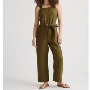 Womens Quince 100% European Linen Square Neck Jumpsuit Green Size L EUC!